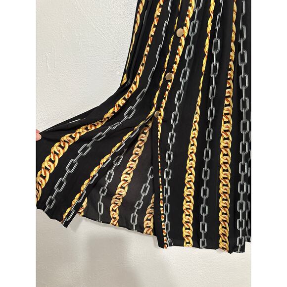 VTG Mamo Midi Pleated Skirt S Black Gold Silver Chain Baroque Print Luxury Glam - Picture 2 of 12